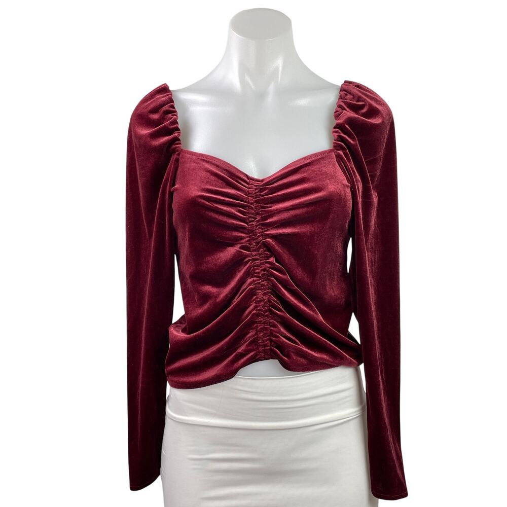 Steve Madden BB Dakota Red Velvet Velour Long Sleeve Ruched Blouse Top Size S